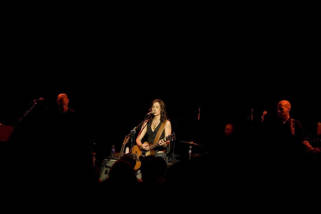 Brandi Carlile cantando en concierto antes de su gira Burn the Setlist