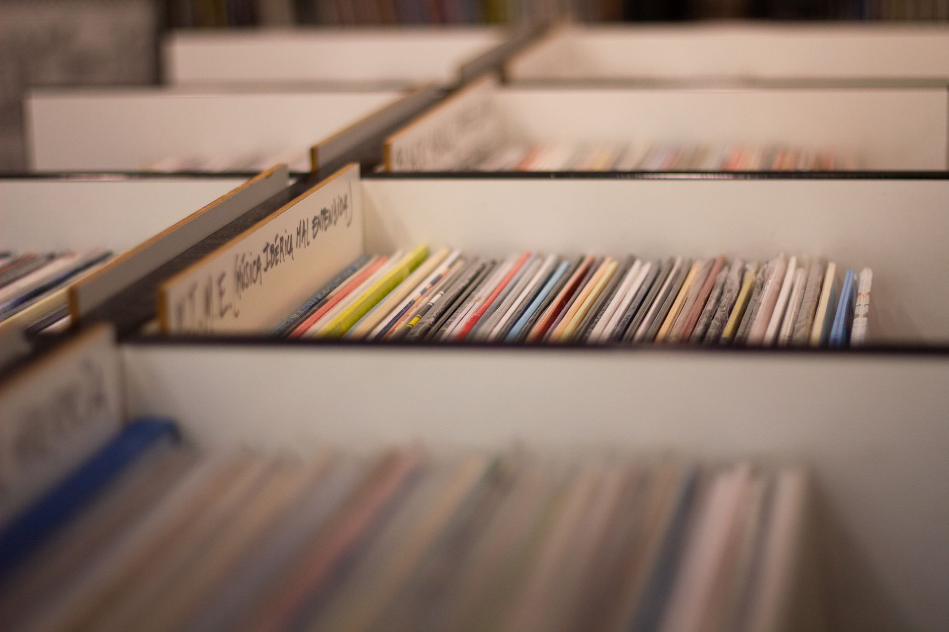 Filas de discos de vinilo de colores en una tienda de música, imagen ilustrativa de la caja de Mermaid Avenue